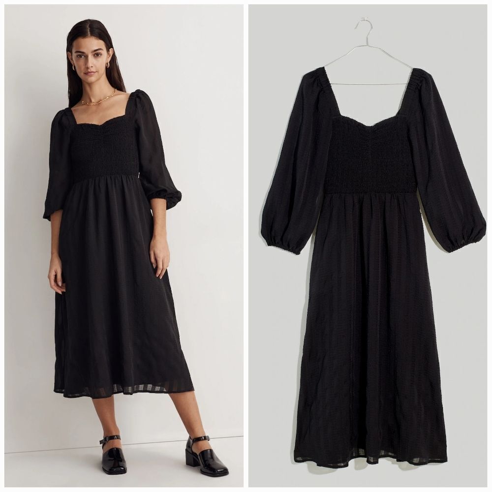 Madewell Lucie Sweetheart Smocked Bodice Puff Sleeve Satin Midi Dress In Black M